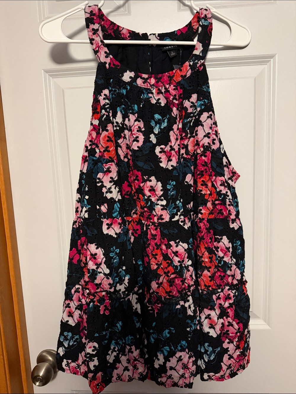 torrid NWT 3x Black Floral Babydoll Halter Top with Pink & Teal Accents